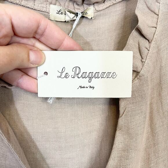 Le Ragazze Dress Neutral Brown Linen Sleeveless V Neck Ruffle Tiered Small NWT - Picture 8 of 11